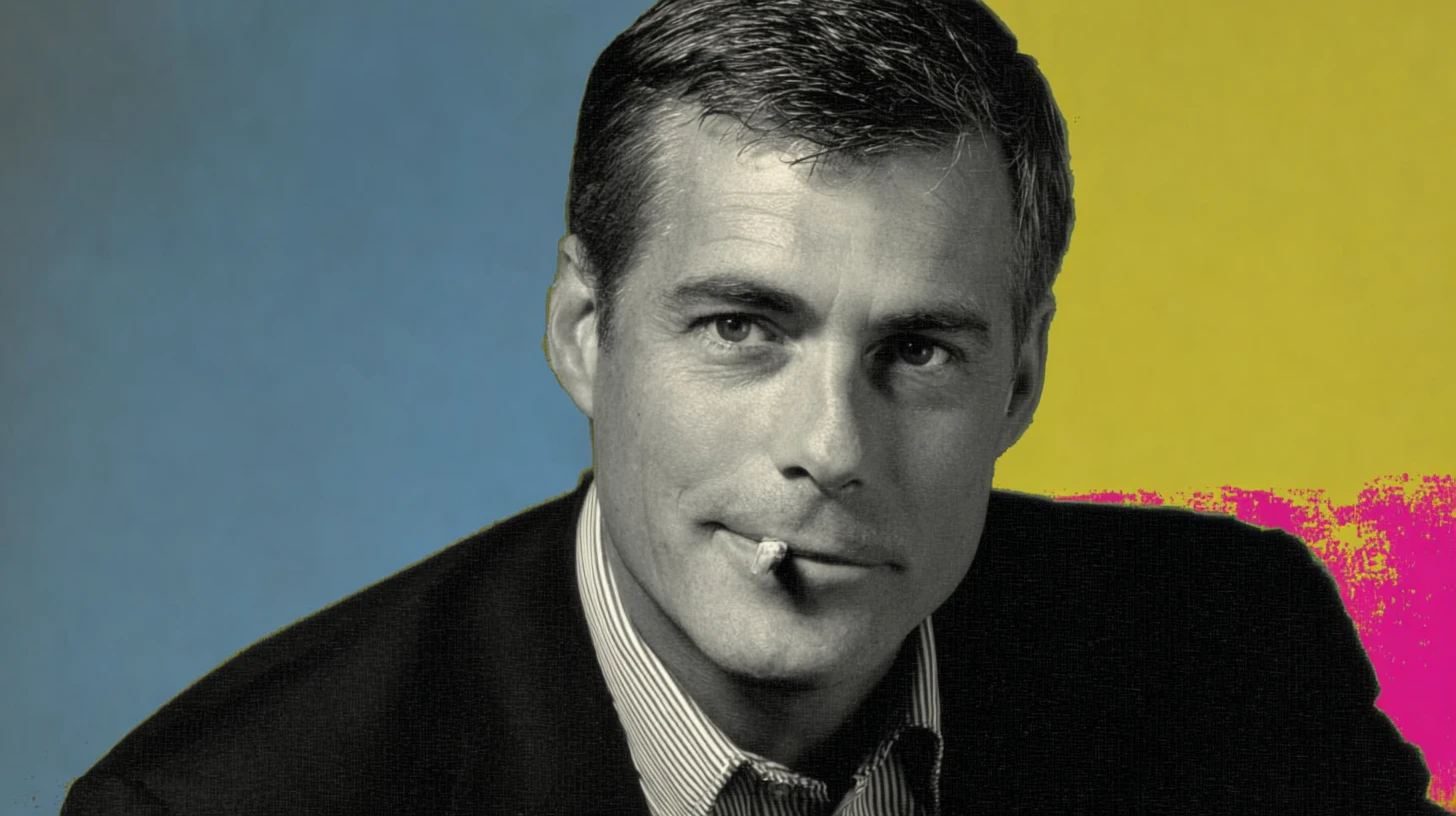 Dark-haired man in a suit smoking a cigarette on pop-art background