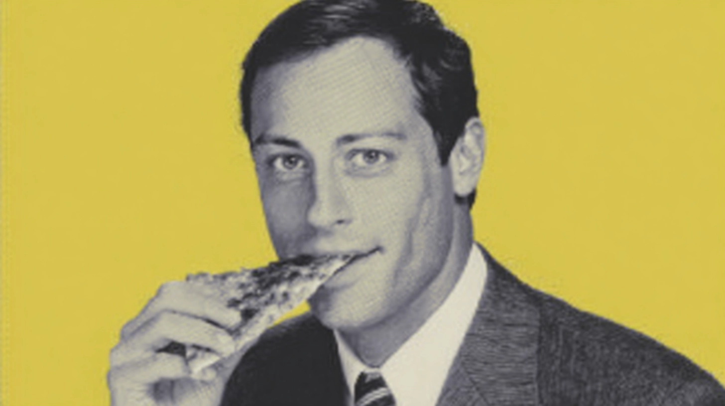 Young man in a suit biting a pizza slice on yellow background