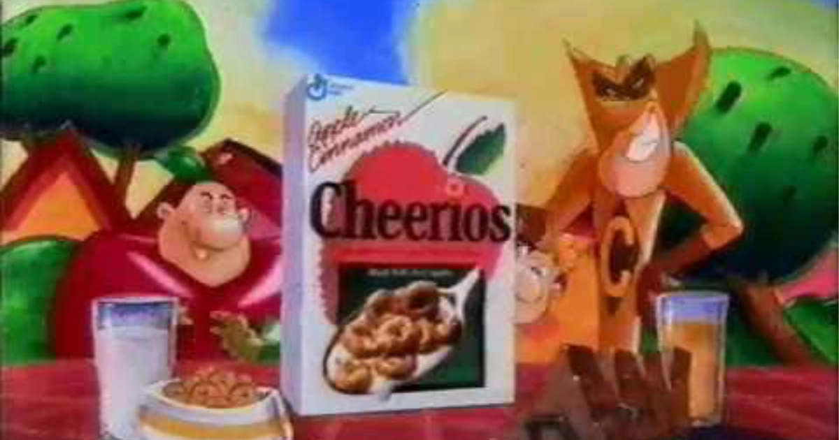 General Mills Animated commercial still of an Apple Cinnamon Cheerios box with cartoon characters