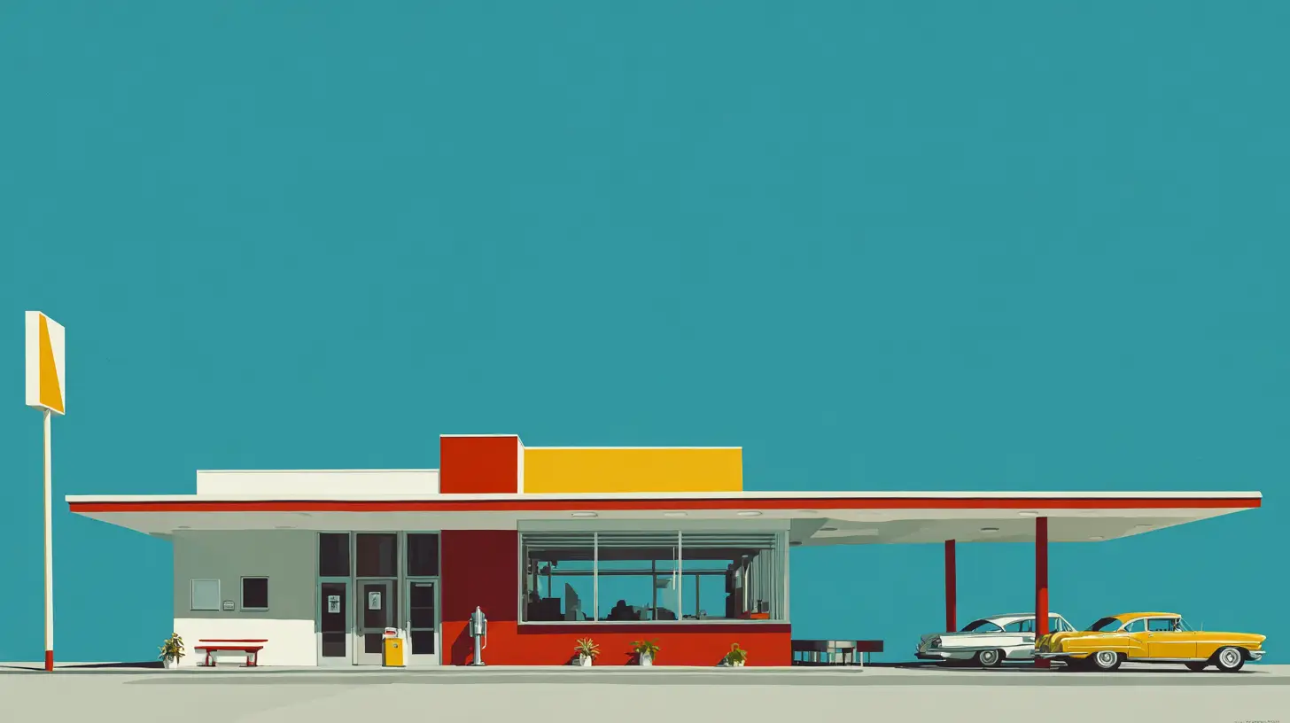 A drive-in of the Topsy’s era — Jack in the Box Retro illustration of a 1950s drive-in restaurant with vintage cars