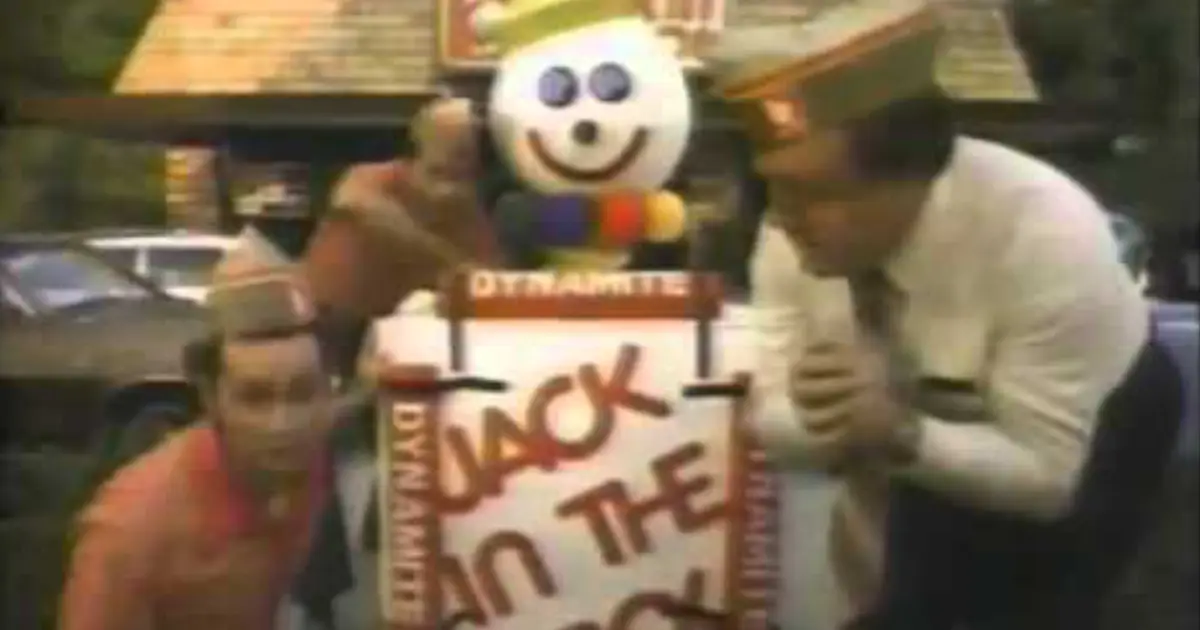 The 1980 Exploding Clown commercial — Jack in the Box 1980 commercial still of Jack clown mascot atop dynamite box