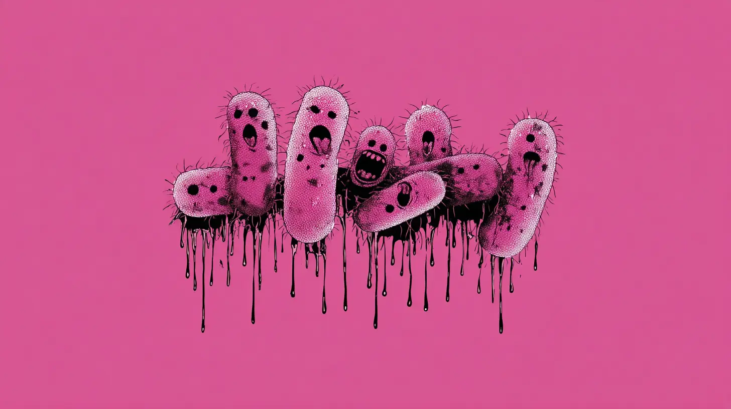 E. coli bacteria illustration © History Oasis Illustration of E. coli bacteria on a pink background