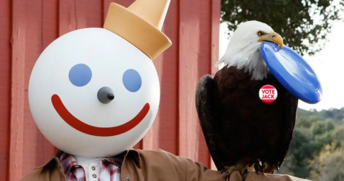Jack for President, 1996 — Jack in the Box Jack Box mascot beside bald eagle with Vote Jack button