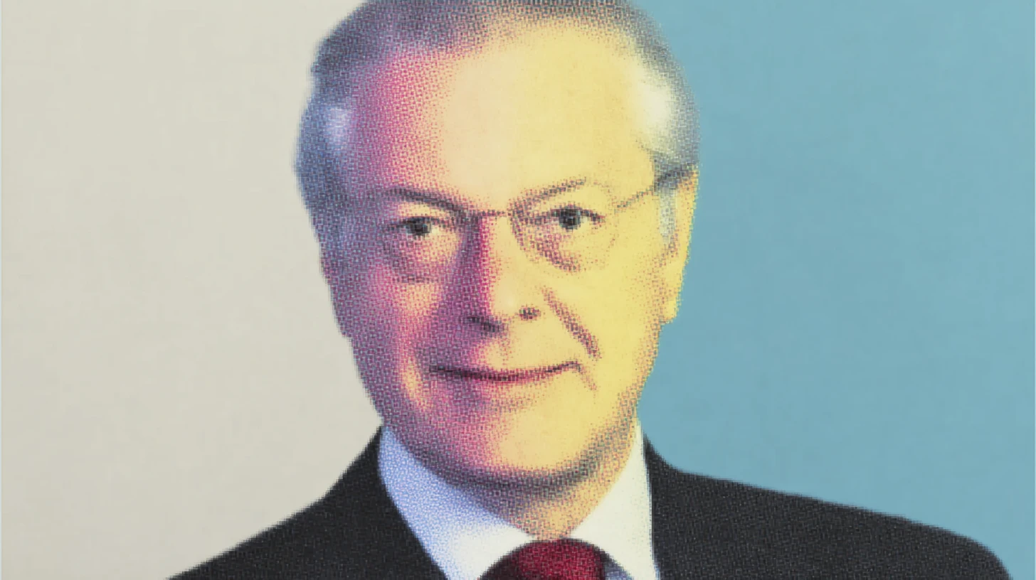 Halftone portrait of an elderly executive in glasses and red tie