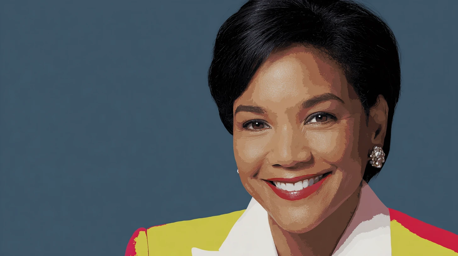 Rosalind Brewer portrait © History Oasis Rosalind Brewer illustrated portrait, short dark hair and yellow blazer, smiling