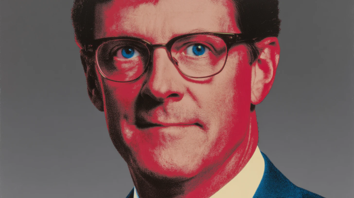 Red-toned executive portrait © History Oasis Red-toned portrait of dark-haired man in wire-rim glasses and navy suit