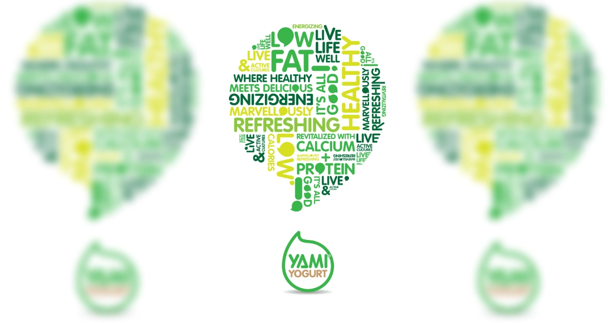 Yami Yogurt logo below a green word cloud speech bubble