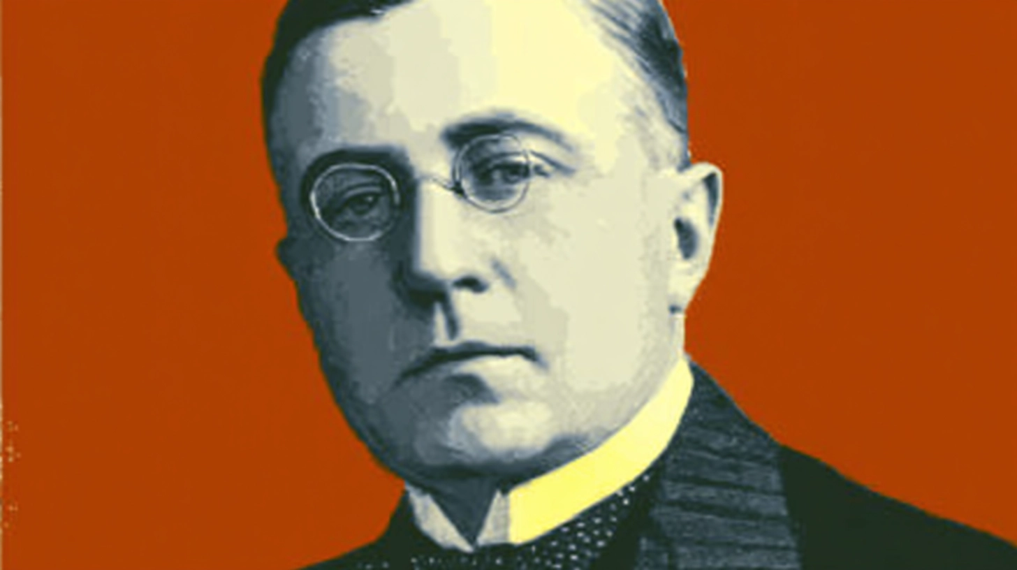 Édouard Muller portrait, Nestlé CEO, round eyeglasses on orange poster background