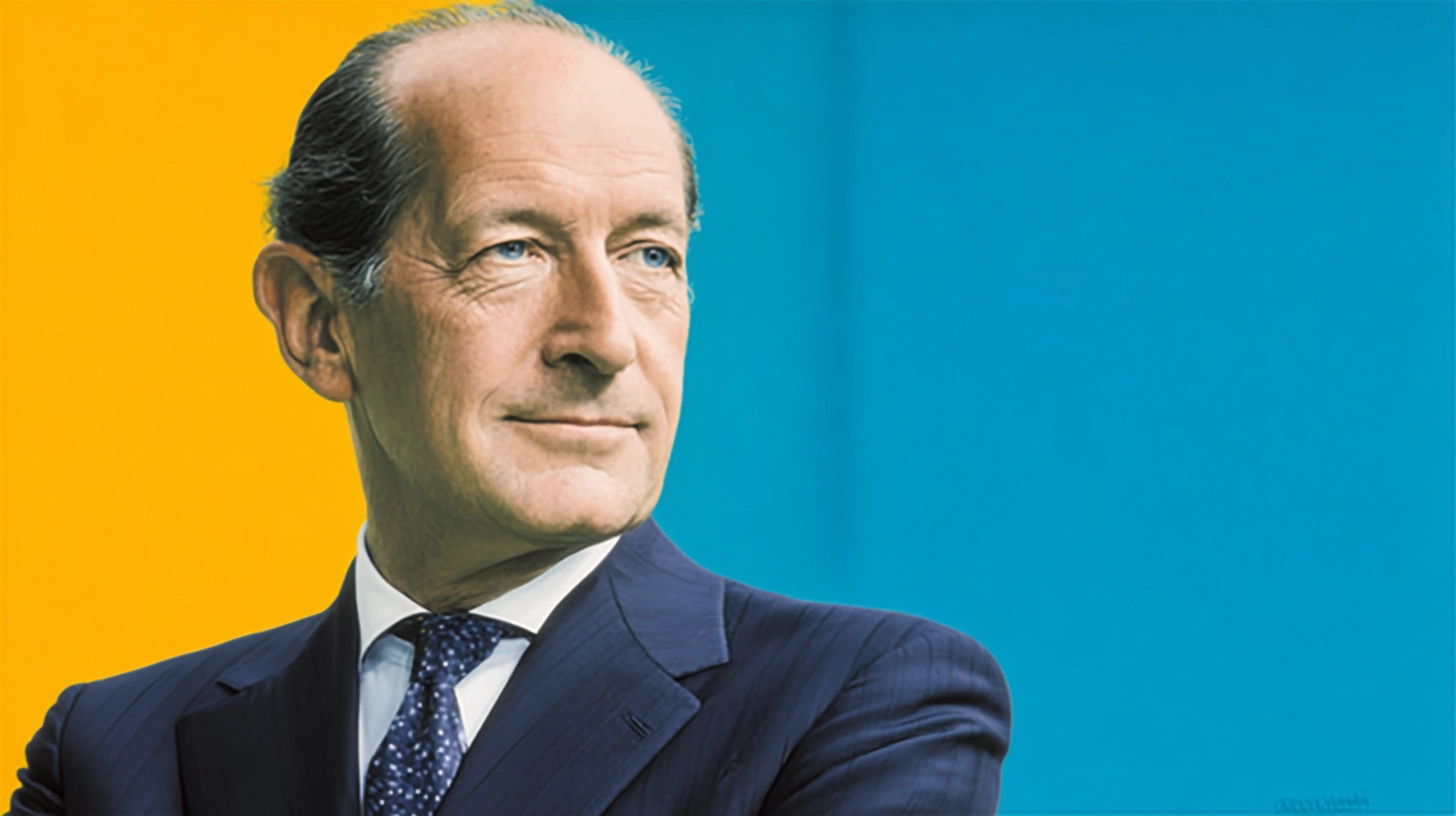 Paul Bulcke portrait, Nestlé CEO, navy suit against yellow and blue backdrop