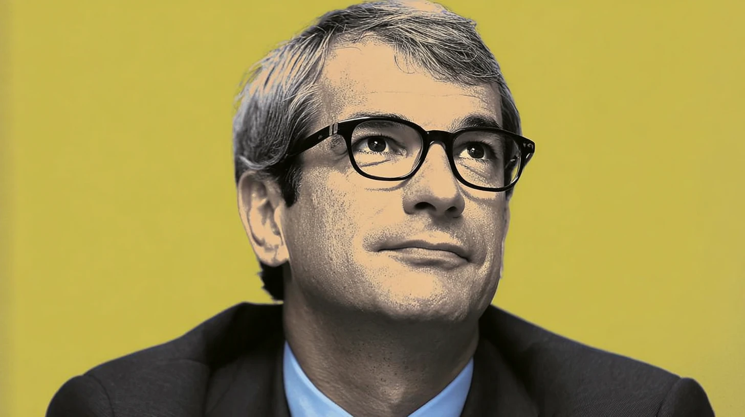 Laurent Freixe portrait, Nestlé CEO, black-rimmed glasses on olive green background