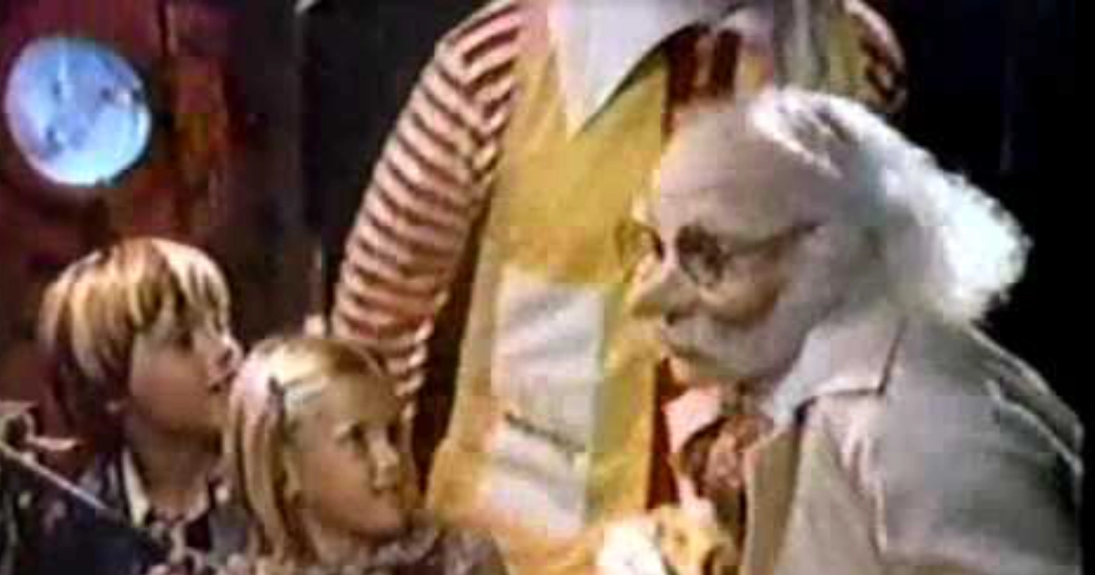 The Professor, McDonald's white-haired scientist mascot, with children in a vintage commercial