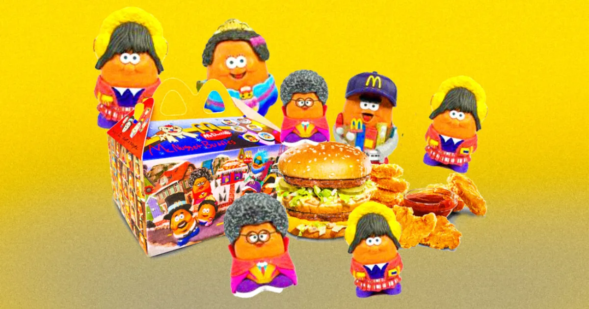 McNugget Buddies toy figures around a Happy Meal box with a Big Mac and McNuggets
