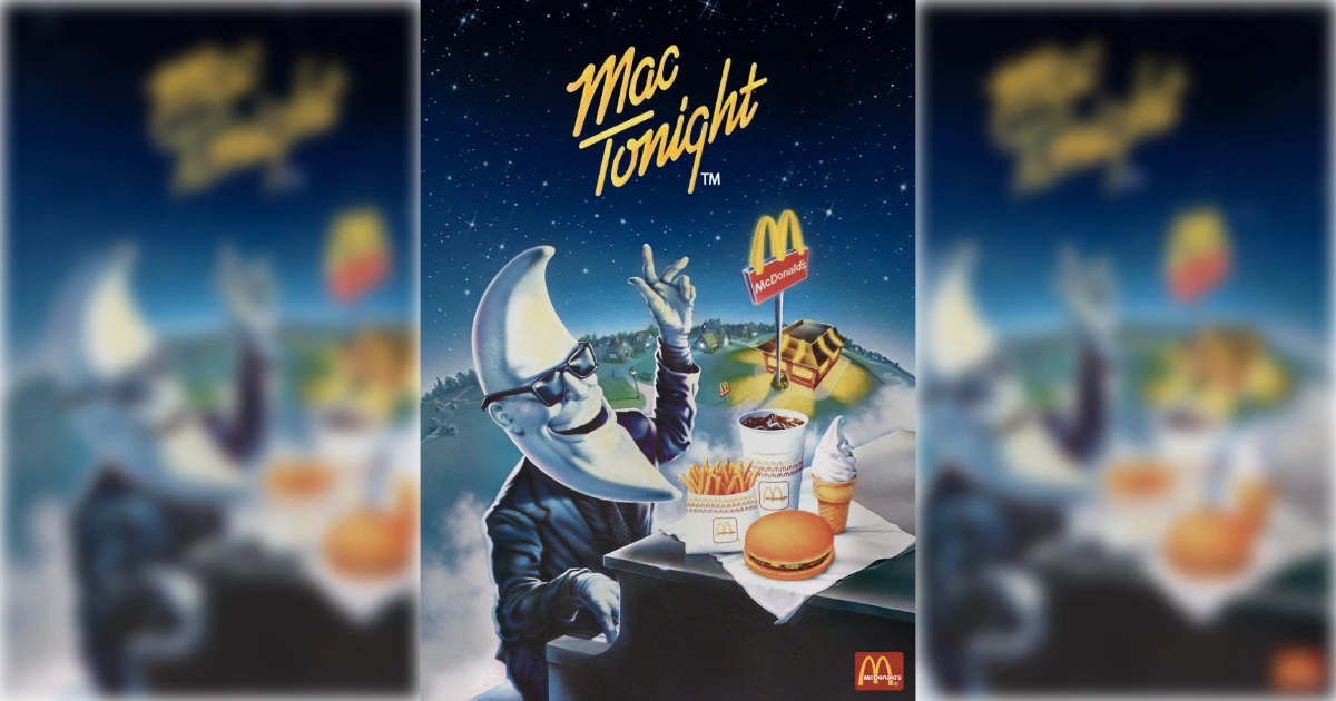 Mac Tonight mascot, the crescent-moon-headed pianist in sunglasses, on a McDonald's poster