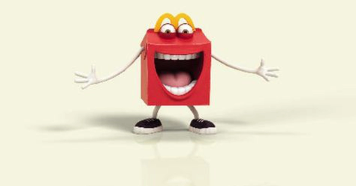 Happy mascot, McDonald's red Happy Meal box character with a big open smile