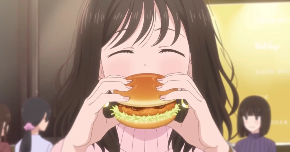 McDonald's Japanese anime girl mascot biting into a crispy chicken sandwich
