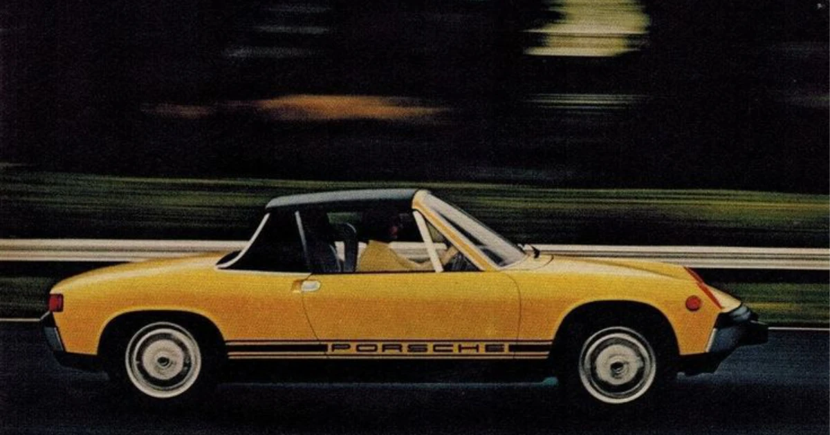 Yellow Porsche 914 targa in motion in a vintage advertisement photo