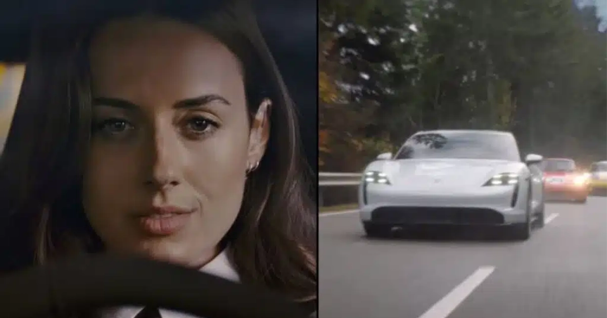 Porsche Heist commercial stills: woman driving and white Taycan on highway