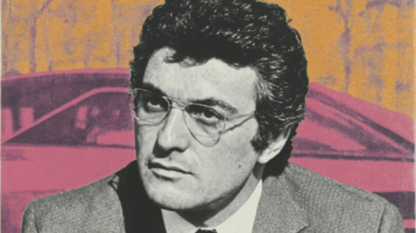 René Leimer © History Oasis René Leimer portrait in wire-rim glasses against an orange pop-art sports car backdrop
