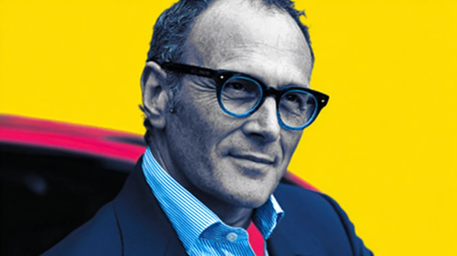 Stefano Domenicali © History Oasis Stefano Domenicali in round glasses beside a red Lamborghini
