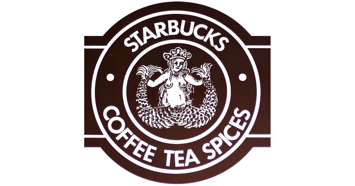 The 1971 Starbucks Coffee Tea Spices logo and its twin-tailed siren — Starbucks The original 1971 brown Starbucks logo showing the bare-breasted twin-tailed siren