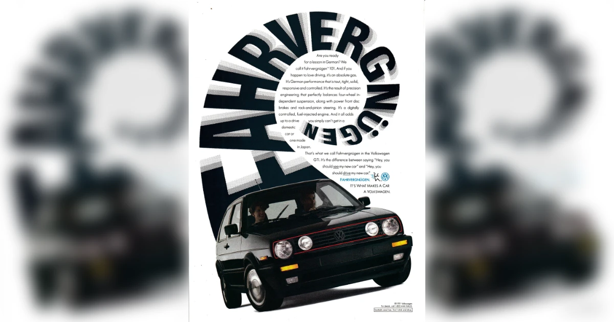 Volkswagen GTI print ad with the Fahrvergnügen headline curving around the copy