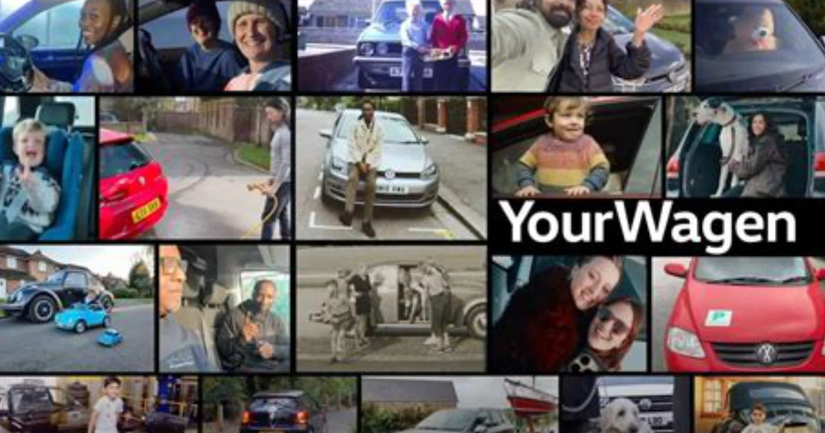 Photo mosaic of Volkswagen owners and their cars with the YourWagen title