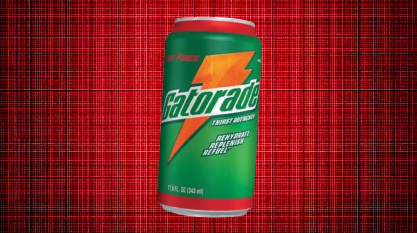 Green Gatorade Thirst Quencher can, 11.6-ounce aluminum, on red background