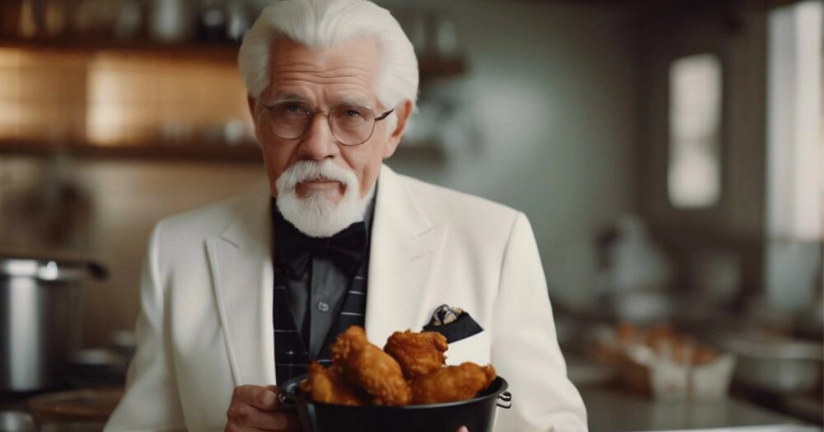 KFC Frowning Colonel Sanders in white suit holding bucket of fried chicken