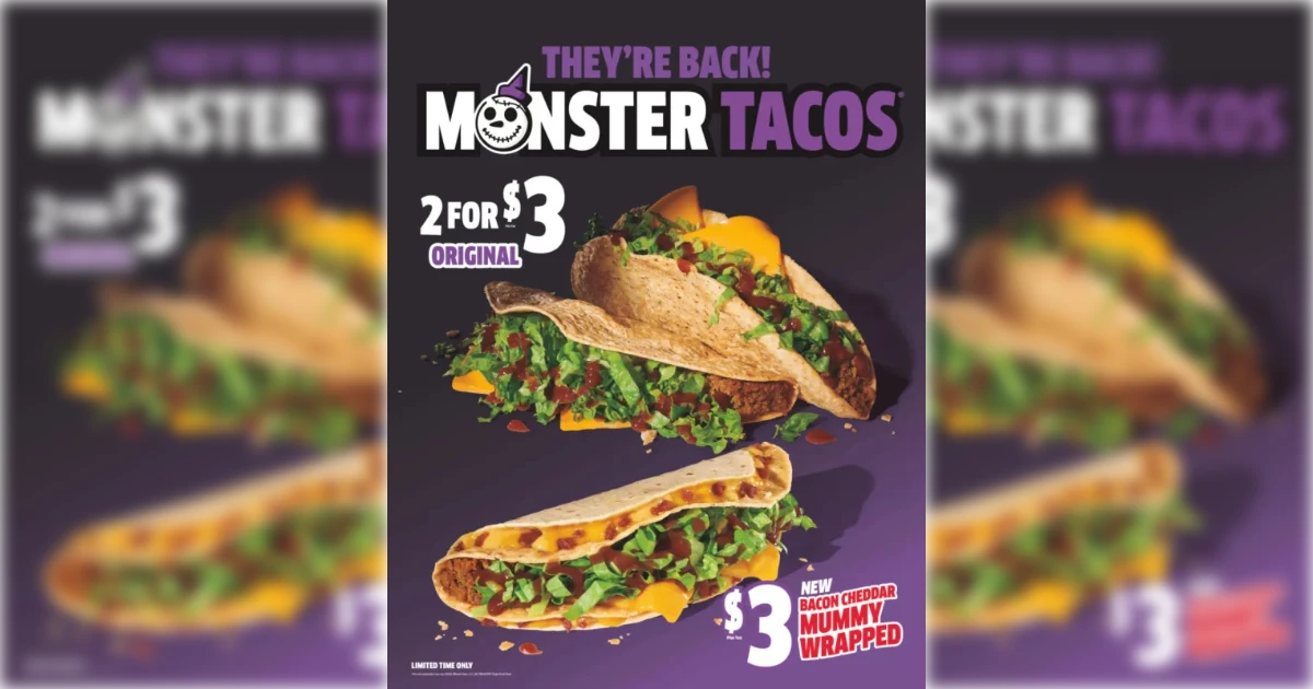 Jack In The Box Monster Tacos promo poster with two loaded beef tacos