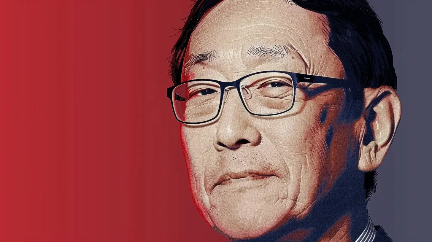 Akio Toyoda portrait © History Oasis Akio Toyoda portrait in rectangular glasses against a red background
