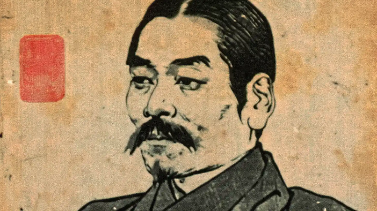 Yataro Iwasaki portrait © History Oasis Yataro Iwasaki ink portrait with mustache and red seal on aged paper