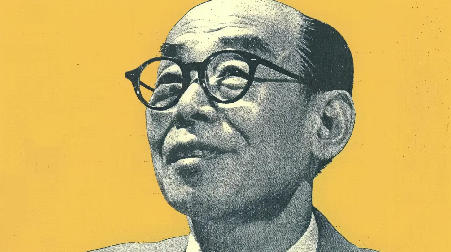 Soichiro Honda portrait © History Oasis Soichiro Honda halftone portrait in round glasses on a yellow background