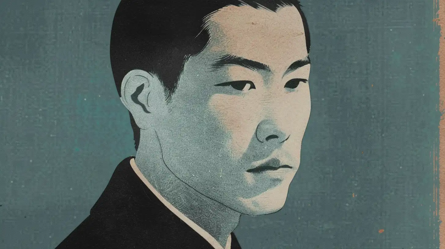 Yoshisuke Aikawa portrait © History Oasis Yoshisuke Aikawa woodblock-style portrait in dark jacket on teal background