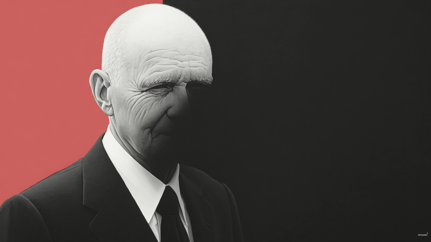 Ferdinand Piech portrait © History Oasis Ferdinand Piech greyscale portrait in dark suit against red and black