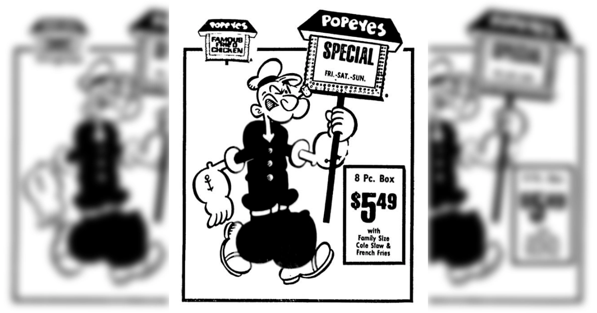Popeye the Sailor in a Popeyes print ad during the Hearst licence — Popeyes Popeye the Sailor in a black-and-white Popeyes newspaper ad advertising an 8-piece box for $5.49