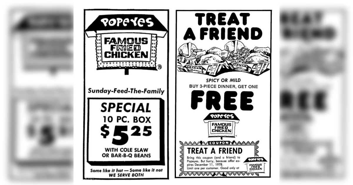 Popeyes Famous Fried Chicken 1978 newspaper coupon ads with no mascot