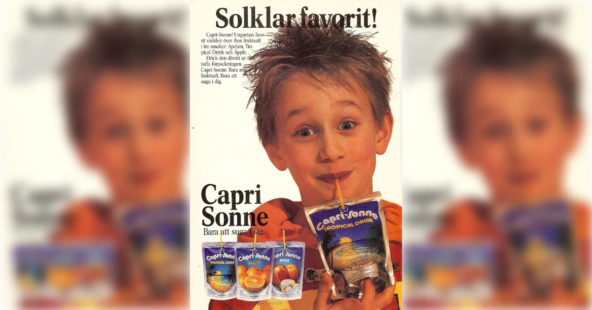 Capri-Sun Vintage Swedish Capri-Sonne ad with a boy drinking a juice pouch