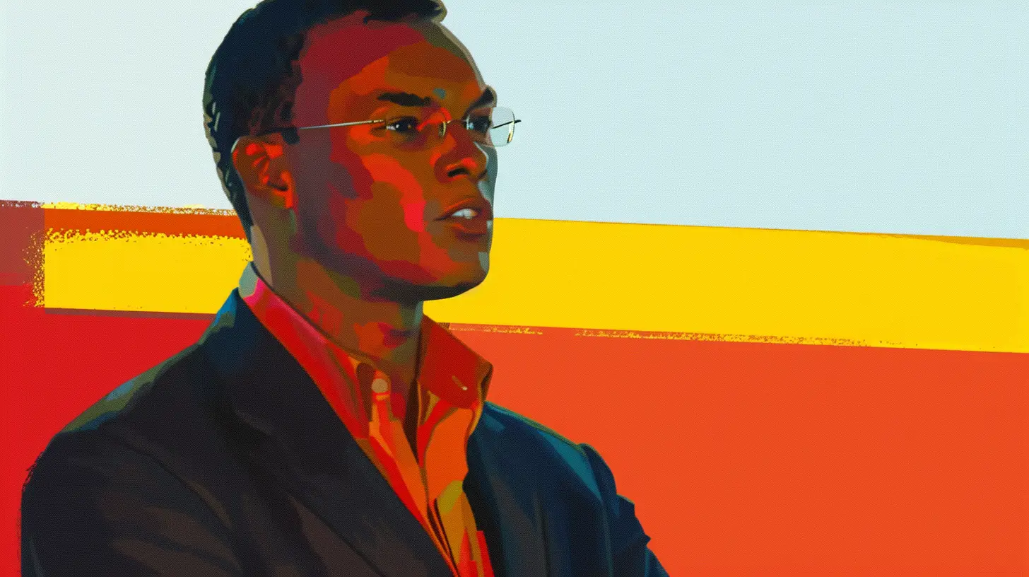 Kenneth Lewis © History Oasis Bespectacled man in a dark suit against red and yellow panels