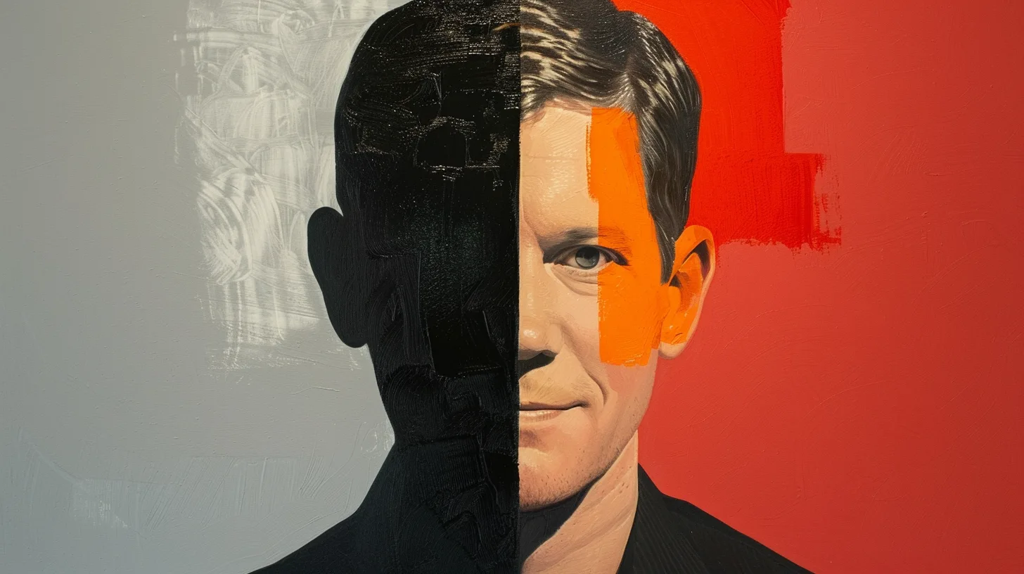 Ryan McInerney © History Oasis Ryan McInerney portrait, half silhouetted, on gray and red panels