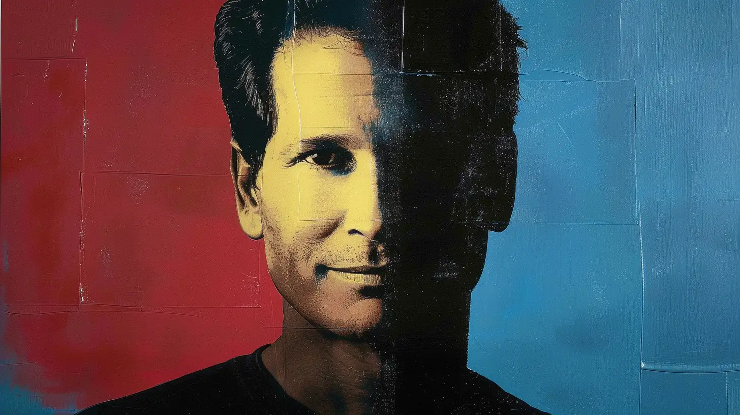 Dan Schulman © History Oasis Dan Schulman portrait half in shadow on red and blue