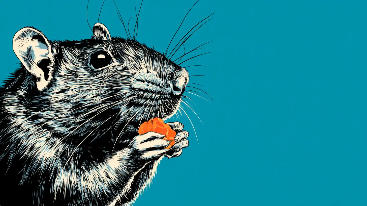 Illustrated rat nibbling an orange candy piece on teal