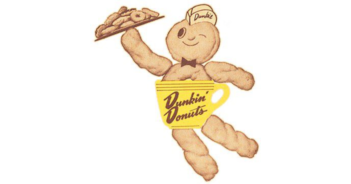 Vintage Dunkie mascot made of dough holding a tray of donuts