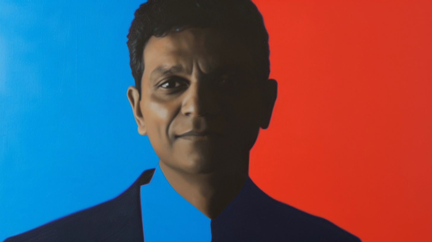 Painted portrait of a South Asian executive in navy suit, red-blue background