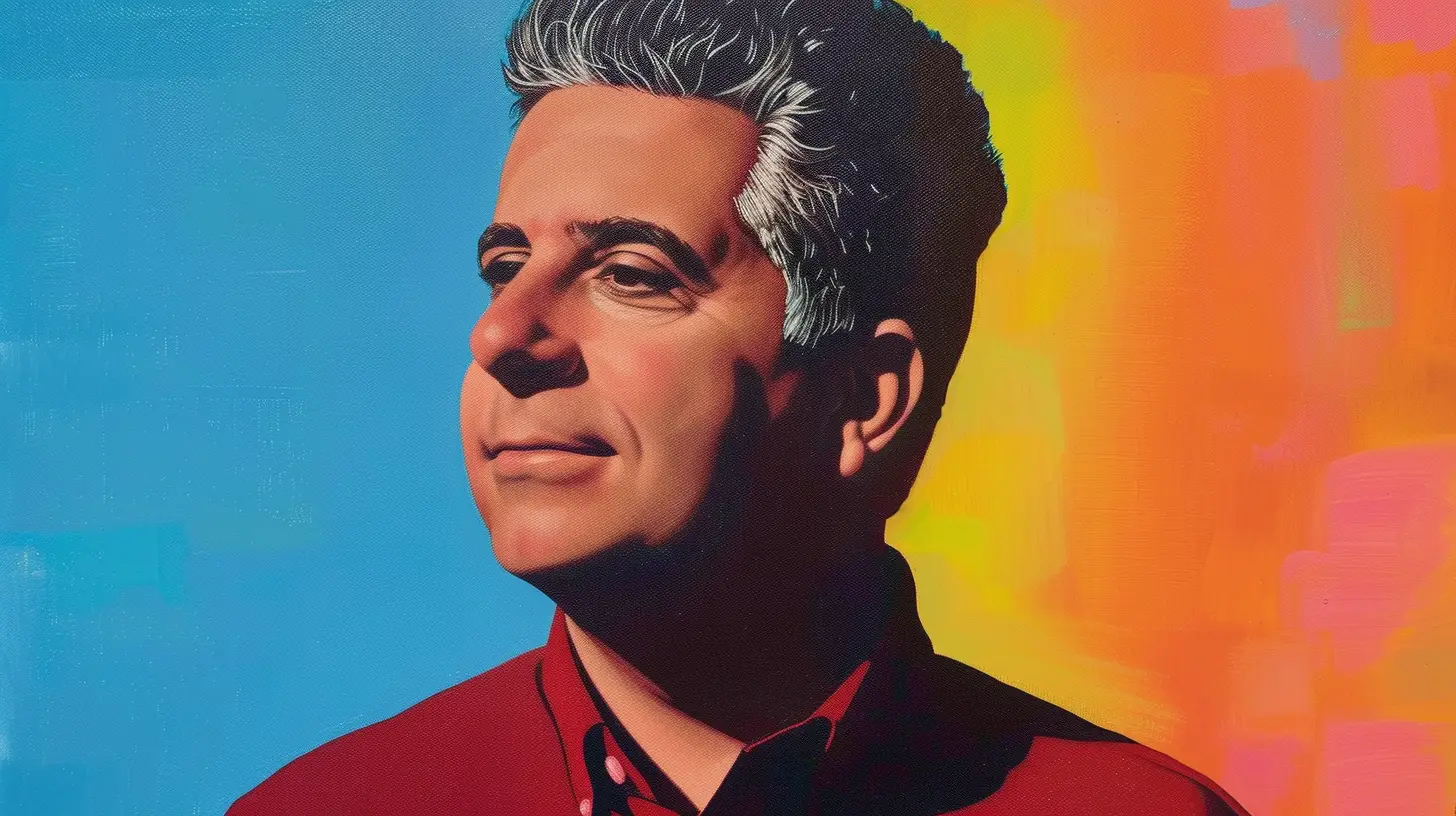 Painted portrait of a gray-haired man in a red shirt, blue background