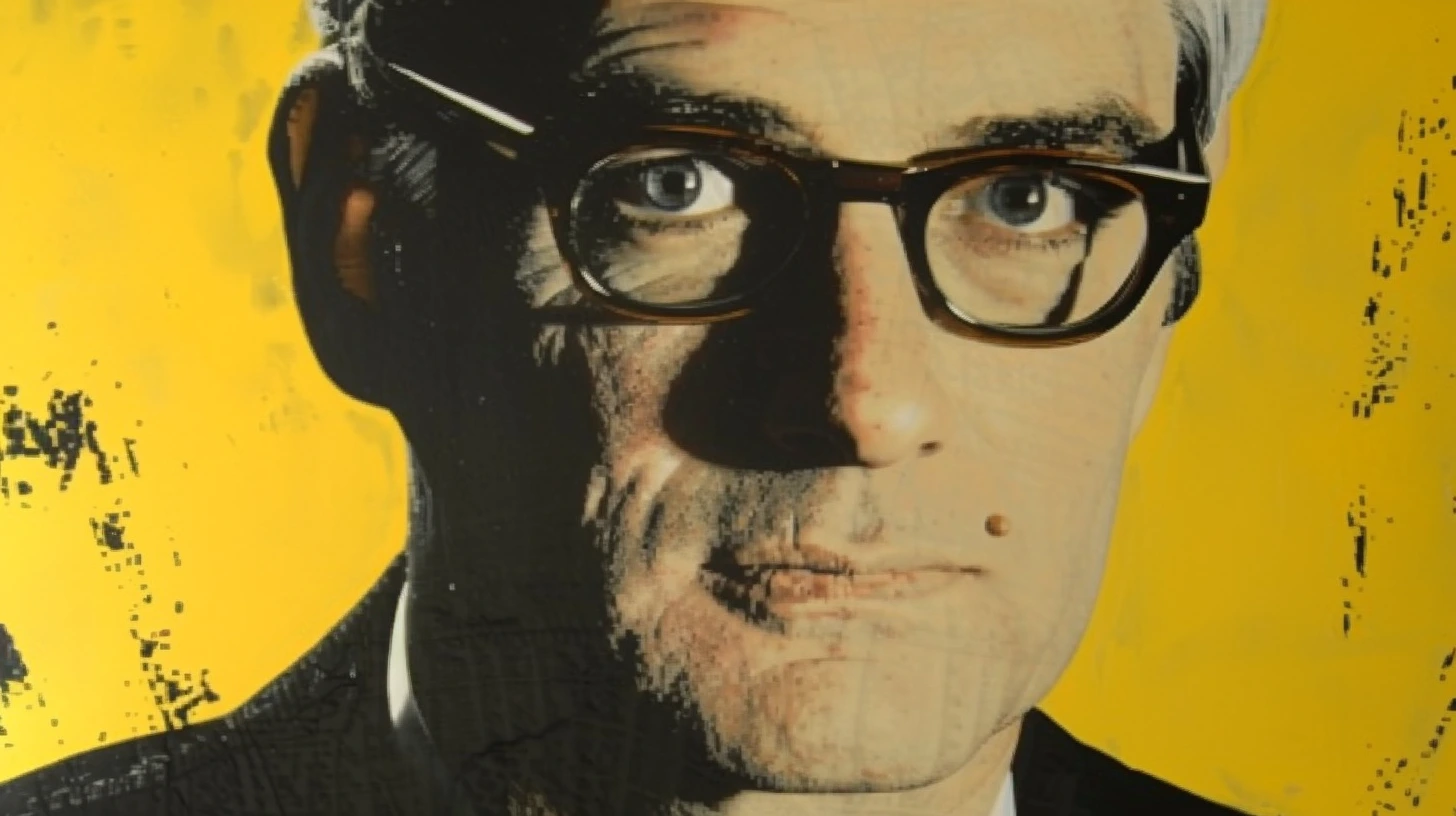 Halftone pop-art portrait of a man in heavy black-framed glasses, yellow background
