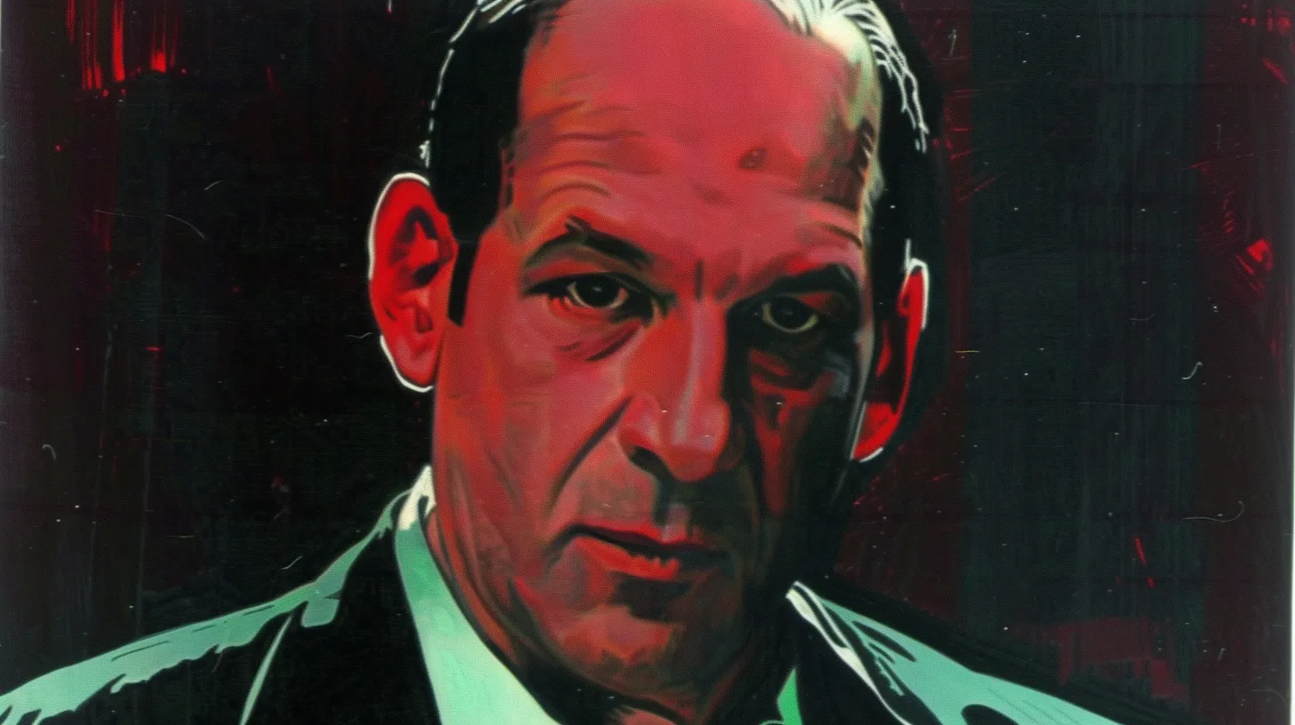 Dark red-toned painted portrait of a balding middle-aged man in a suit