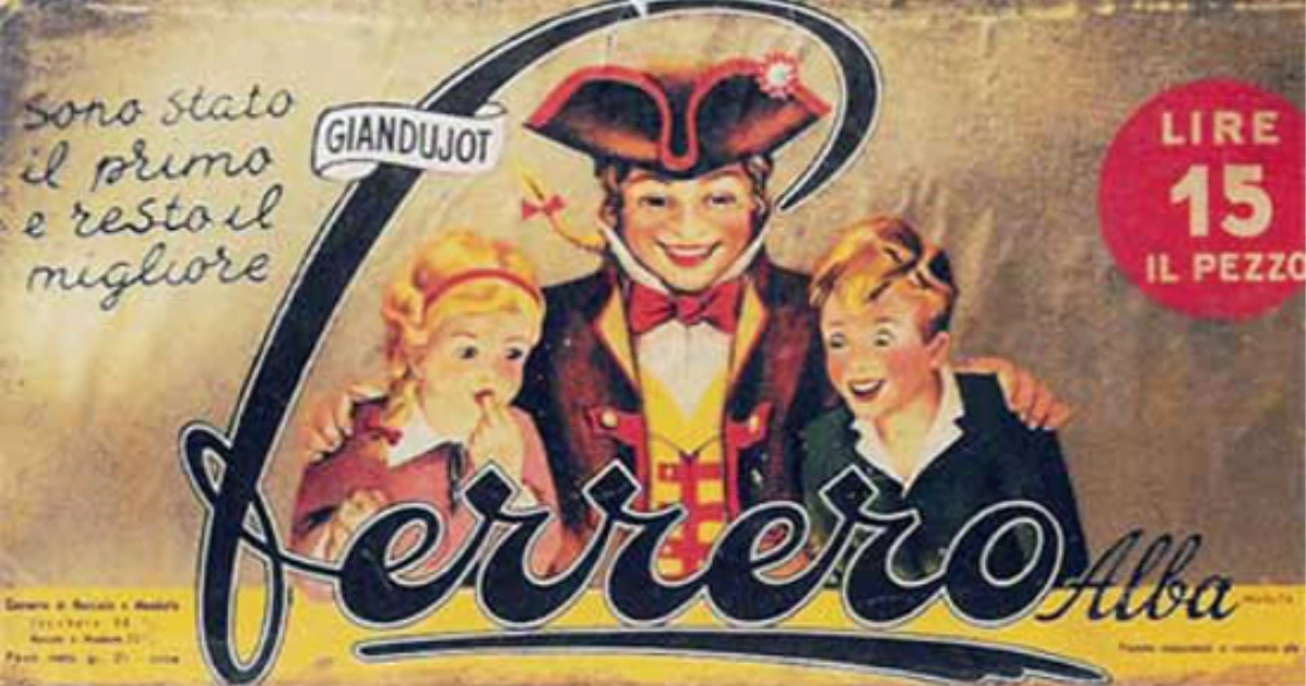 Vintage Ferrero Giandujot package label with Gianduja figure and children