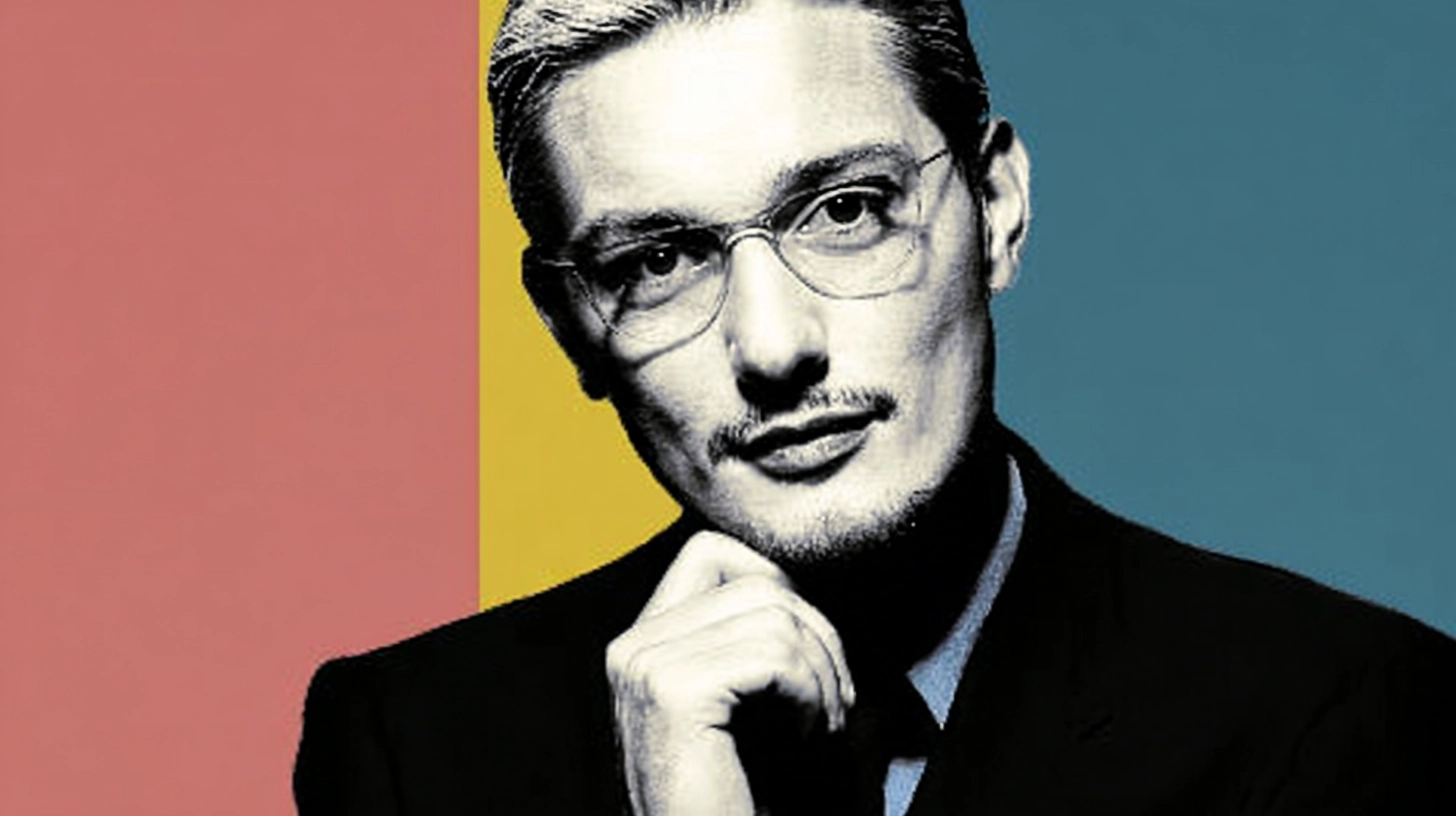 Giovanni Ferrero portrait illustration, man in round glasses and mustache