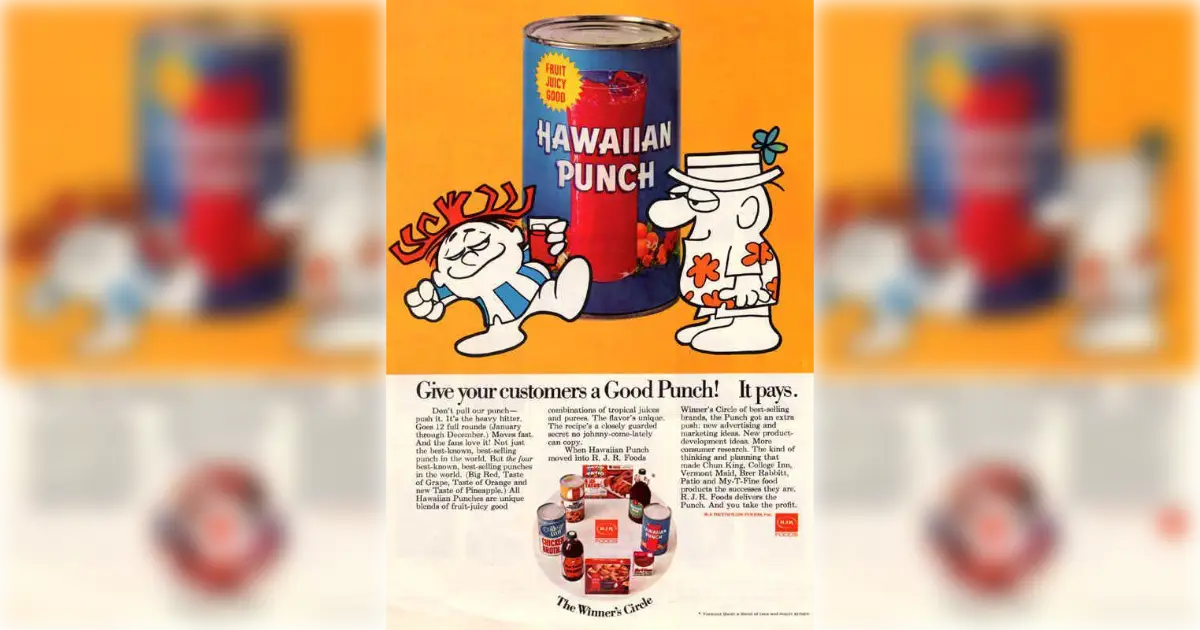 Hawaiian Punch Vintage Hawaiian Punch trade ad with Punchy mascot and giant can