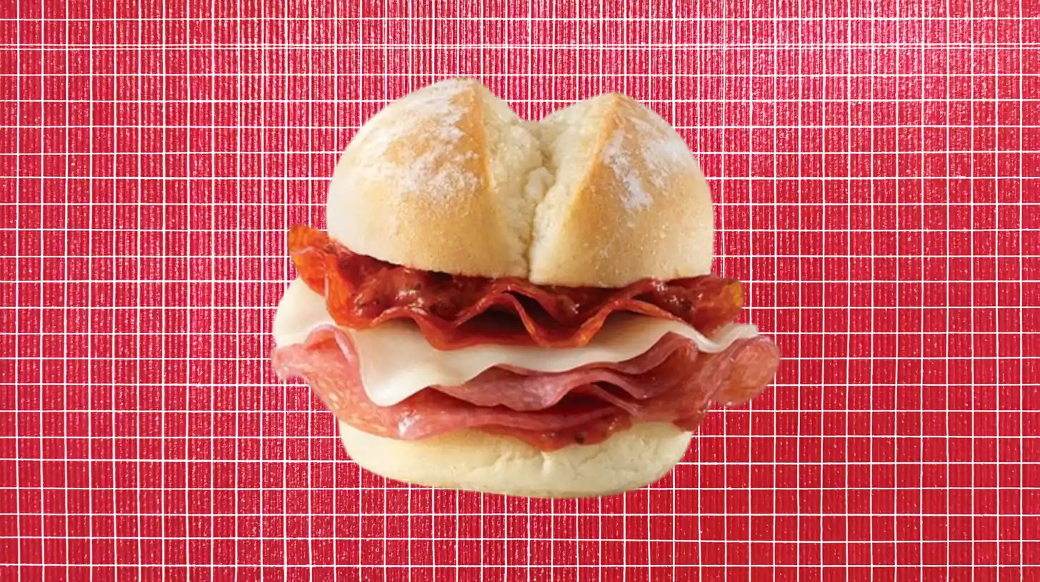 Arby’s Pizza Slider with pepperoni, salami and provolone on a roll